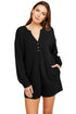 Brushed Ribbed Button Split V Neck Long Sleeve Romper
